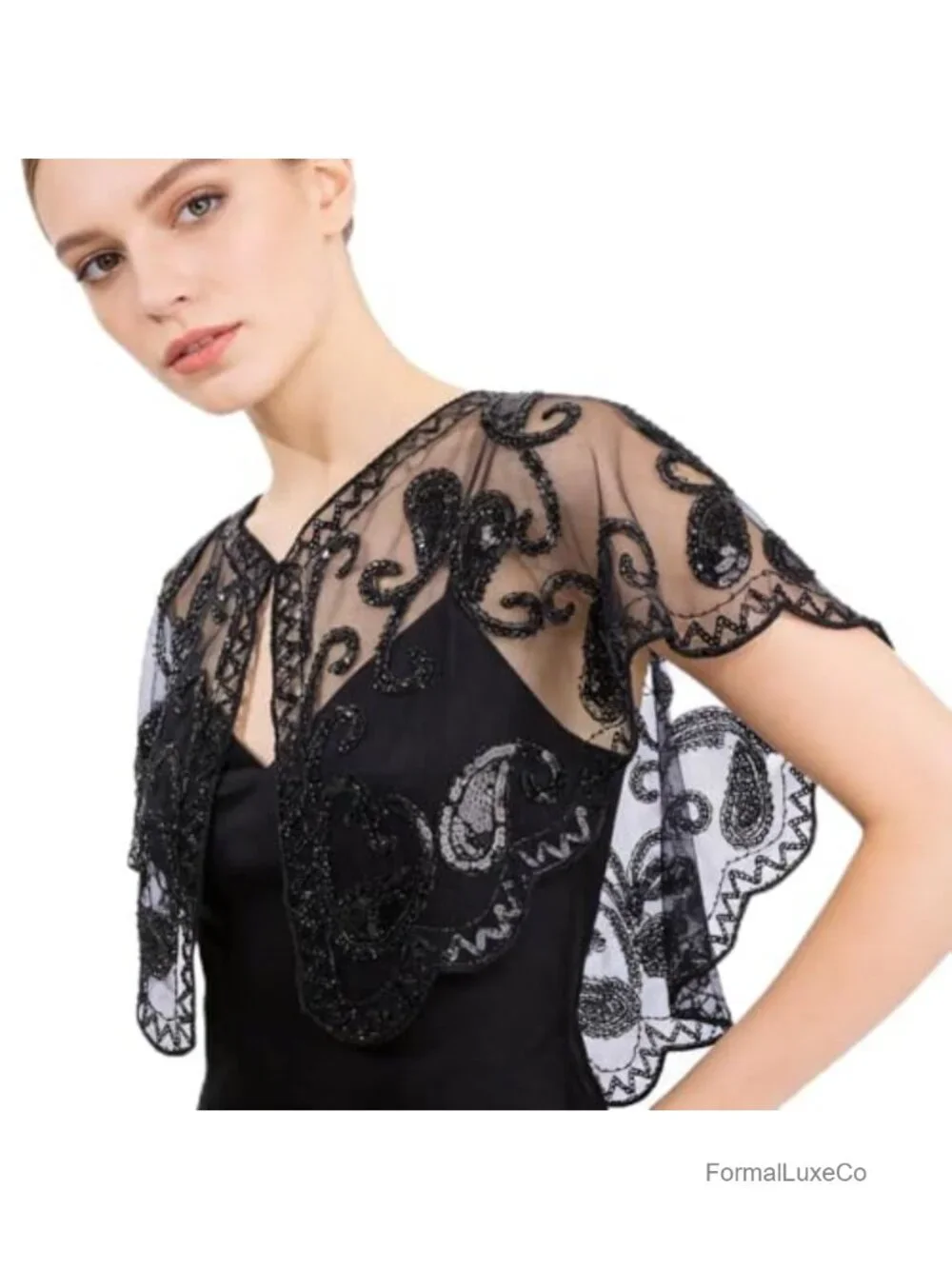 1920s Sequin Beaded Flapper Evening Capelet Shawl Wrap for Women Bridal Party
